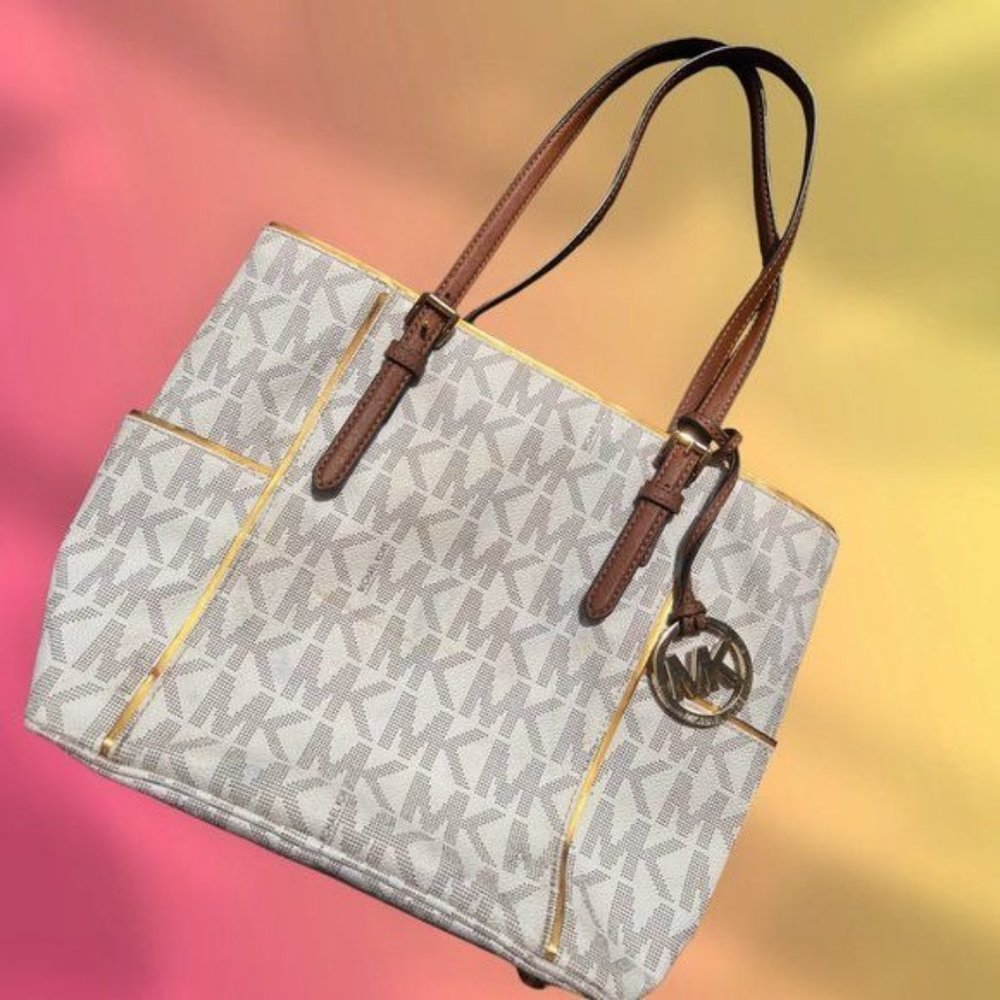 Michael Kors JET SET Signature Logo-print Vanilla Ivory Shoulder Hand Bag Purse